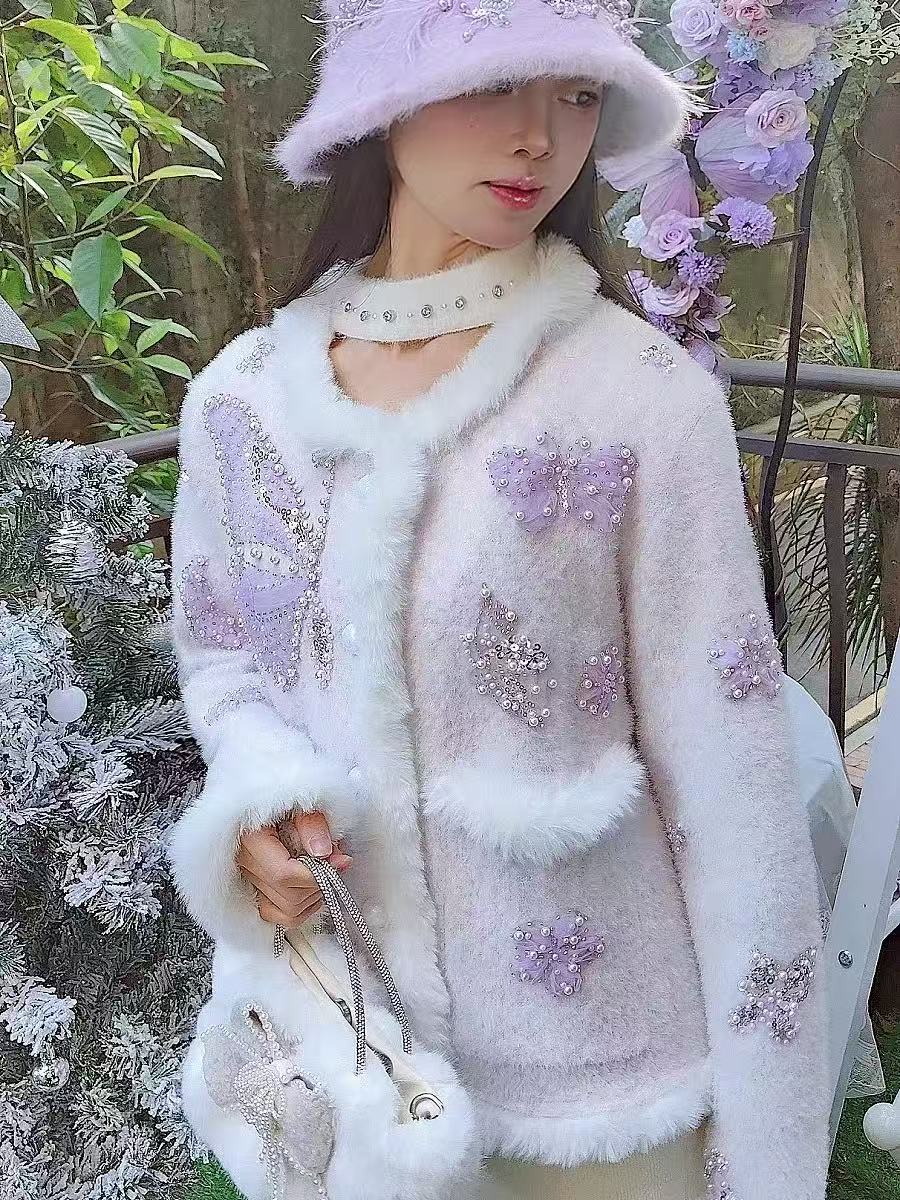 Luxury Style Pearls Beads Stit - Wool Coat Peacoat review and price