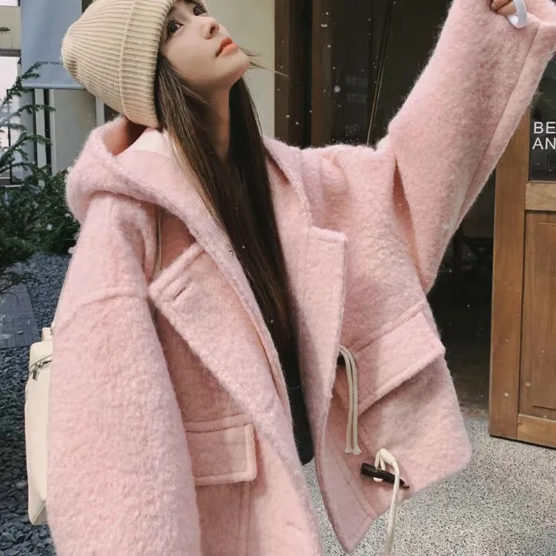Pink Hooded Crop Woolen Coats  - Wool Coat Peacoat review and price